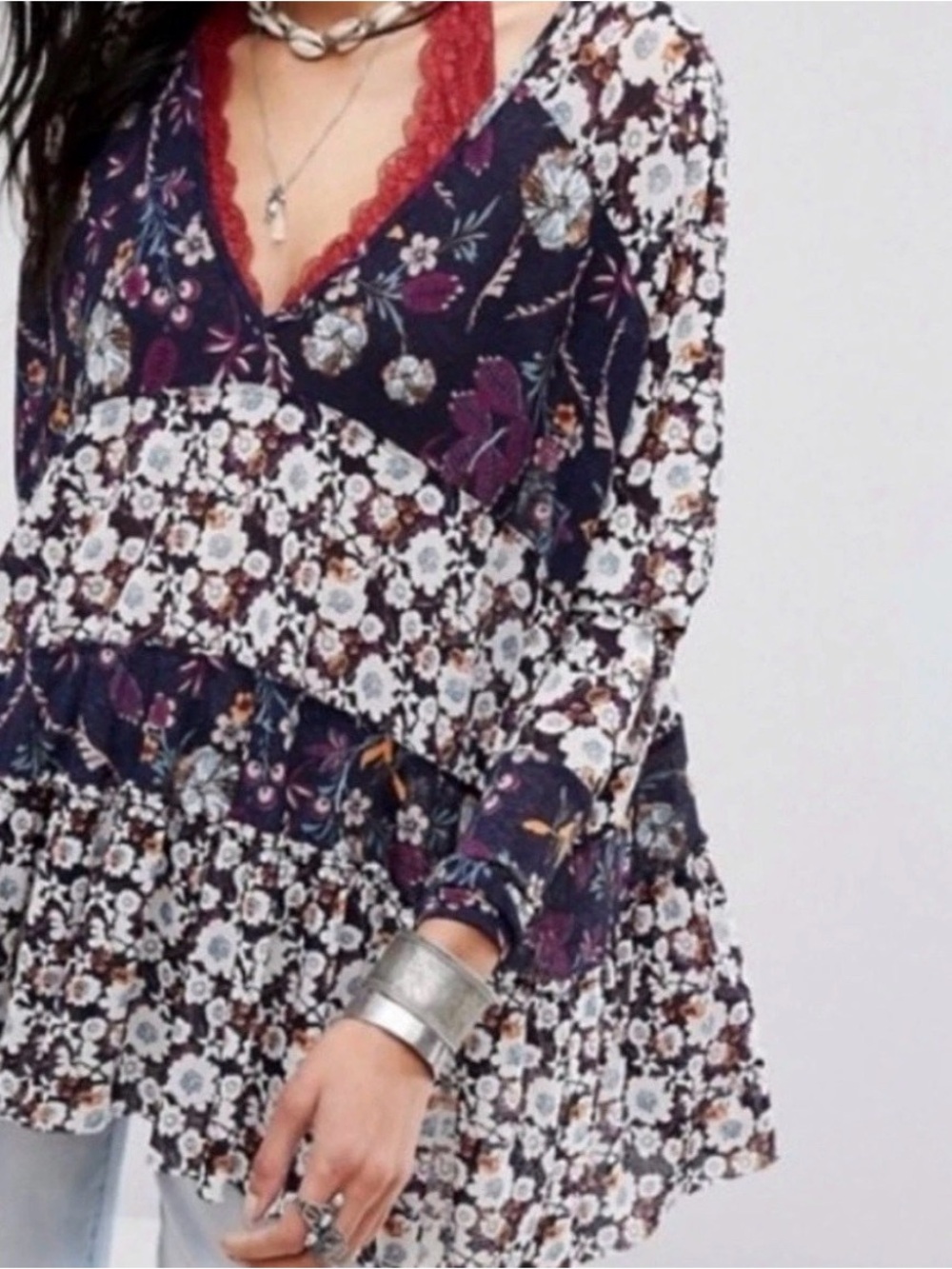 Free People Purple Floral Isabelle Tiered Floral Oversized Tunic Top MEDIUM
